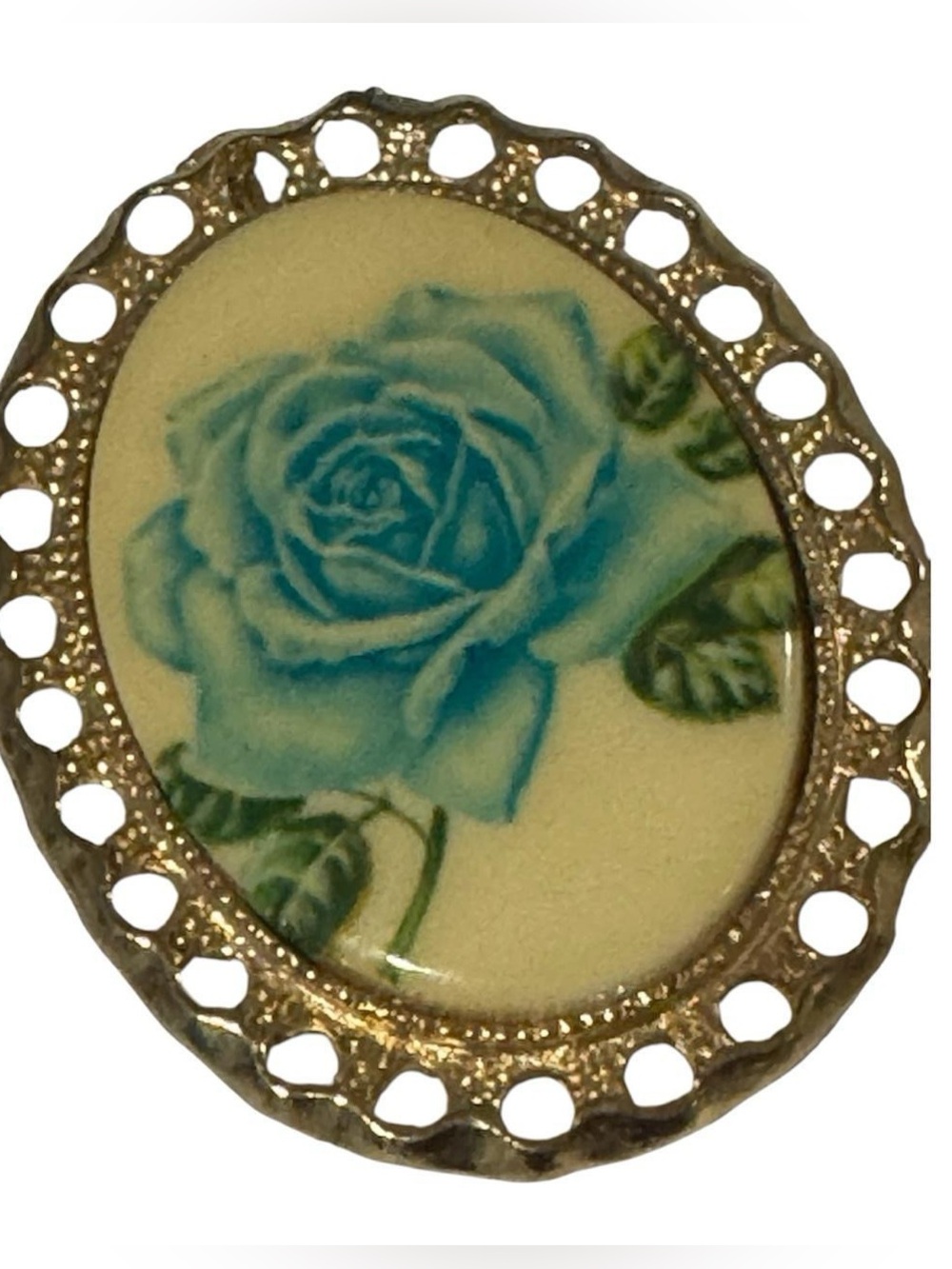 💙VTG Blue Floral Rose 60s Gold Filigree Border Cottagecore Brooch Pin
